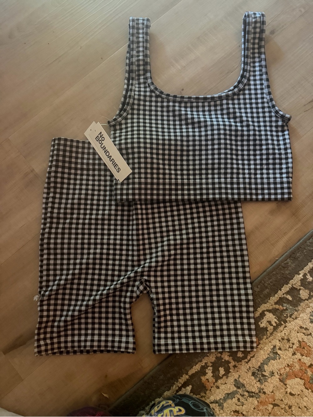 No Boundaries Black & White Gingham Cropped Tank and Biker Shorts Set